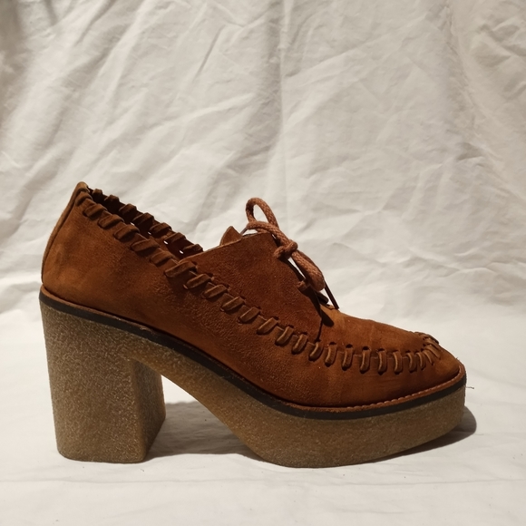 Miista Shoes - MIISTA Cognac Suede Heeled Platform Oxfords w/Whip Stitching Detail Gum …